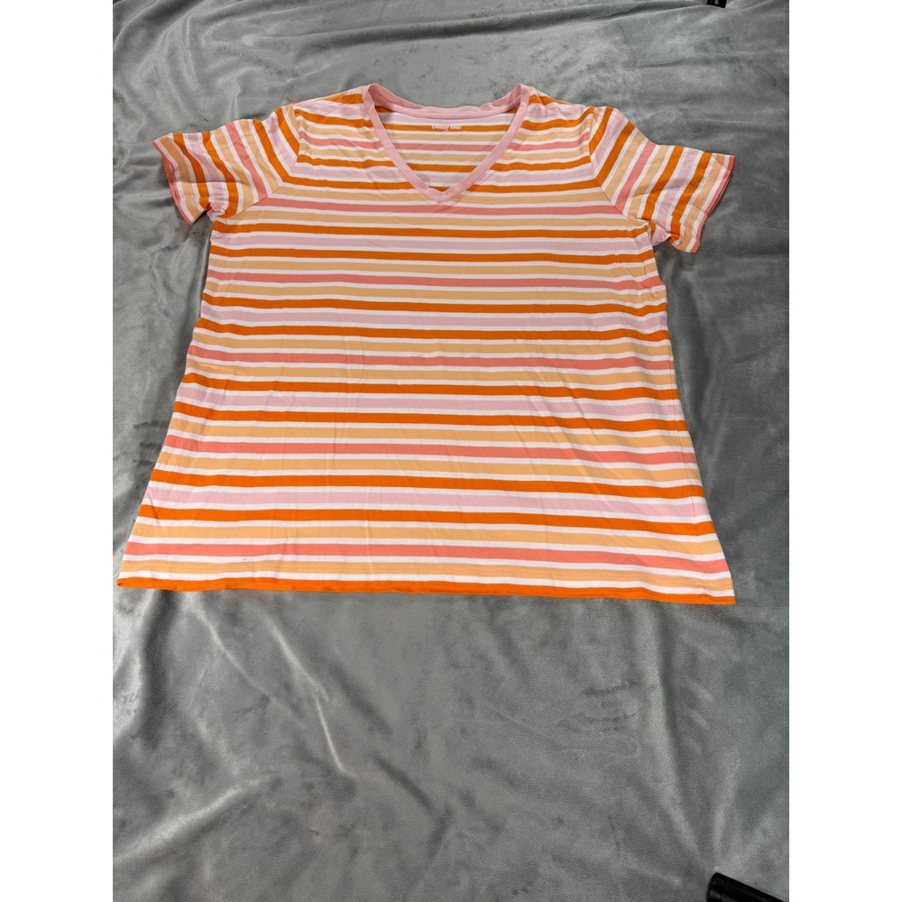 Land's End Sherbet Stripe Orange Pink White V-Neck Short Sleeve Tee Shirt Sz MD